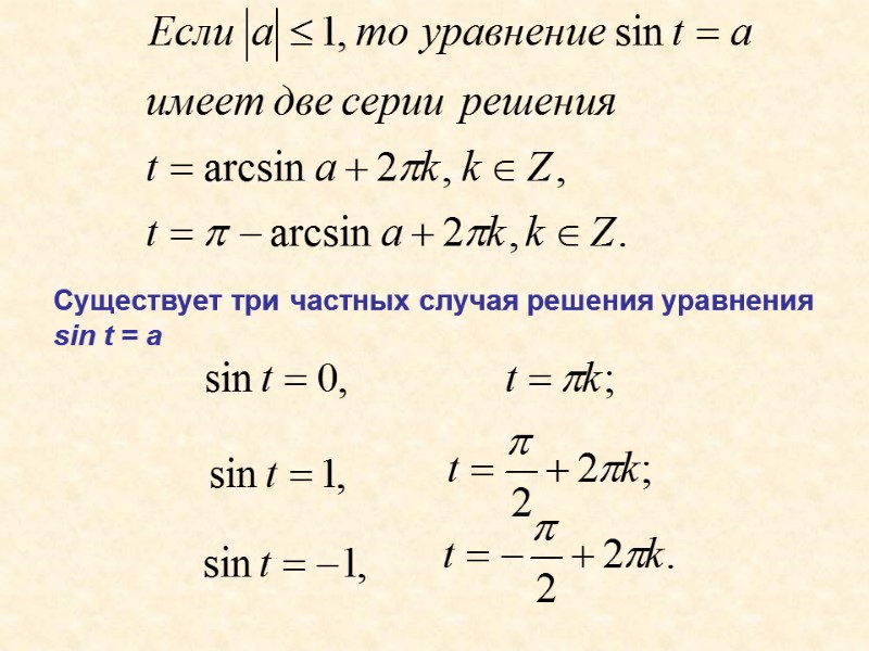 Существует три частных случая решения уравнения sin t = a